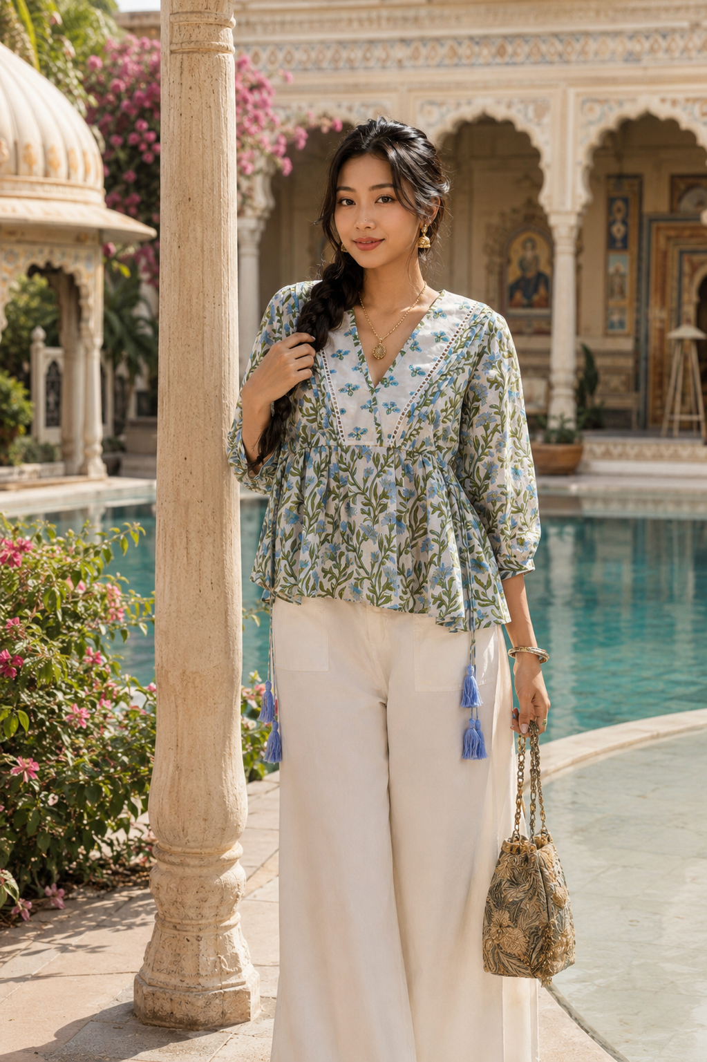 Bloom Tie Blouse - Sky Meadow